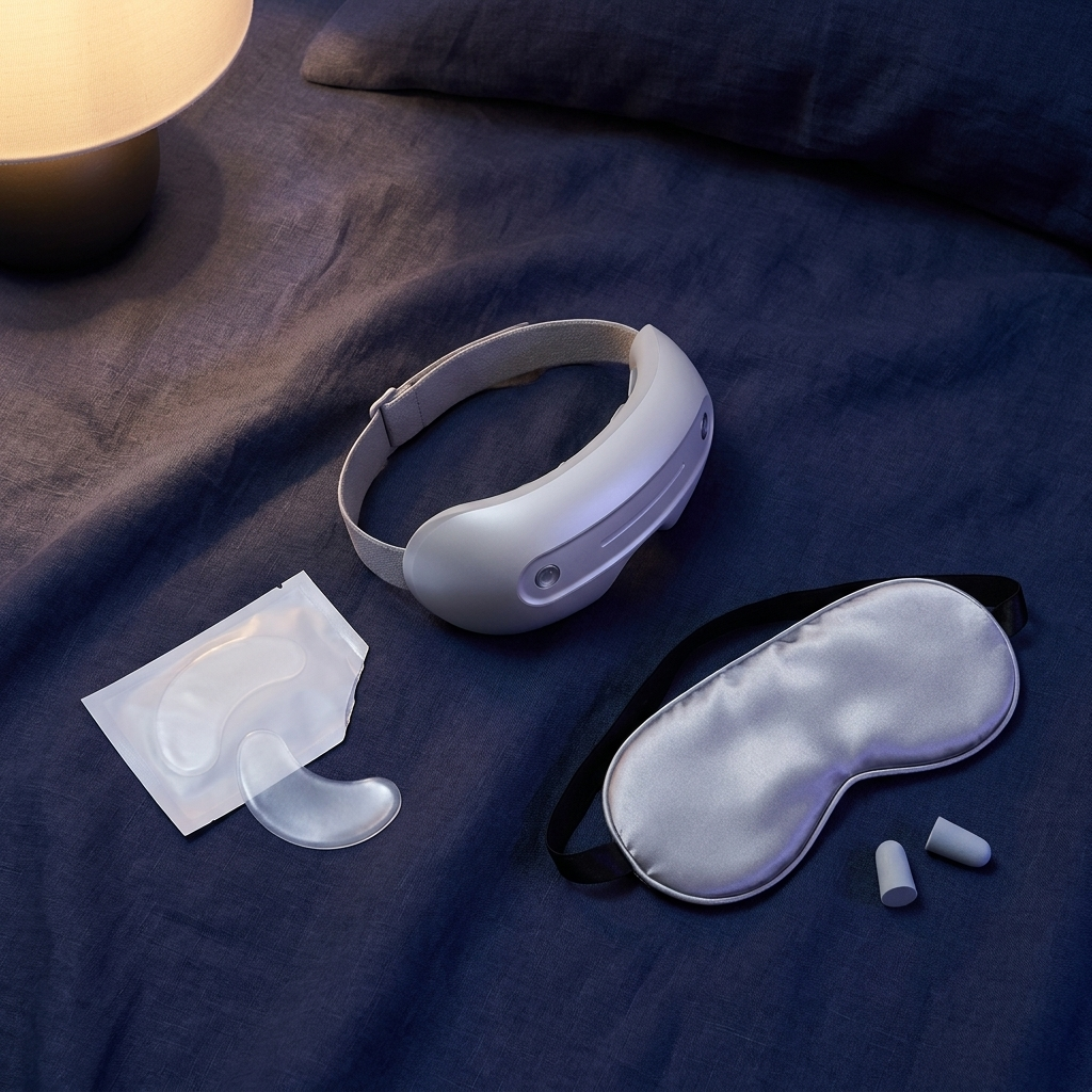 The Gift Set — Duskala massager, cooling patches, and silk sleep mask on indigo linen