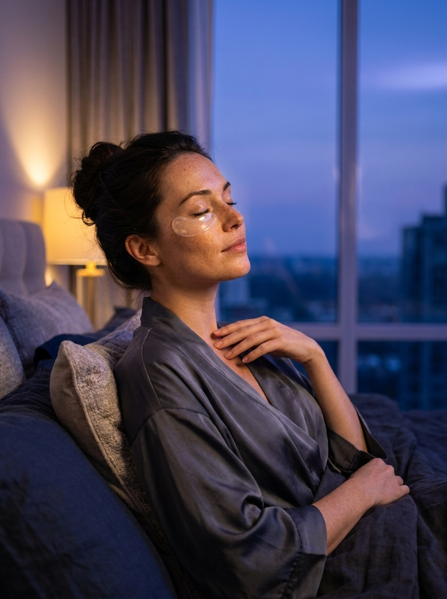 Woman relaxing at dusk with Duskala cooling eye patches under her eyes
