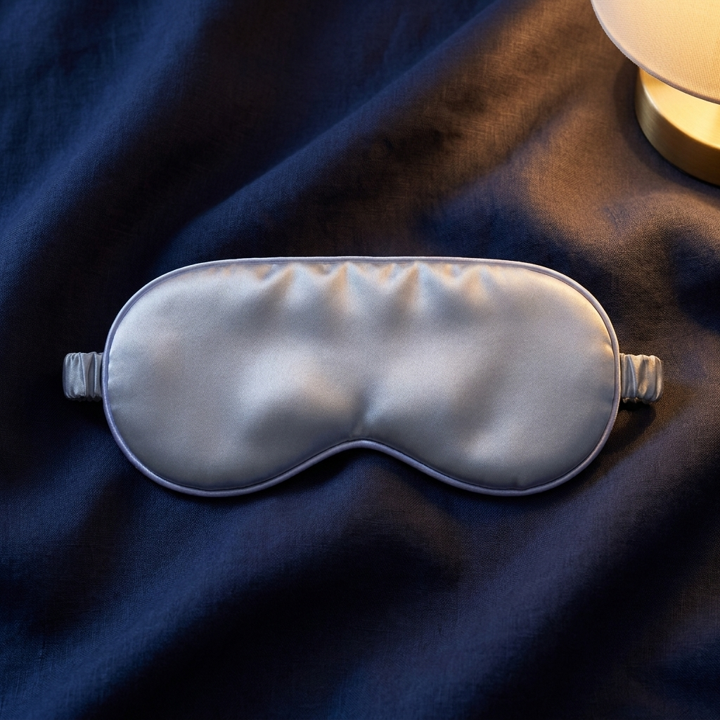 Duskala mulberry silk sleep mask in Silver Gray on indigo linen