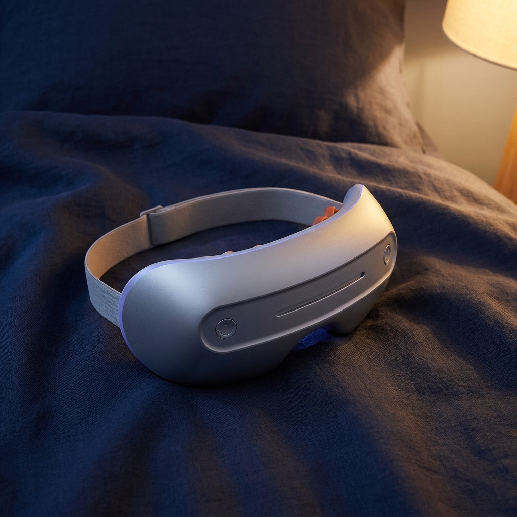Duskala heated eye massager on indigo linen