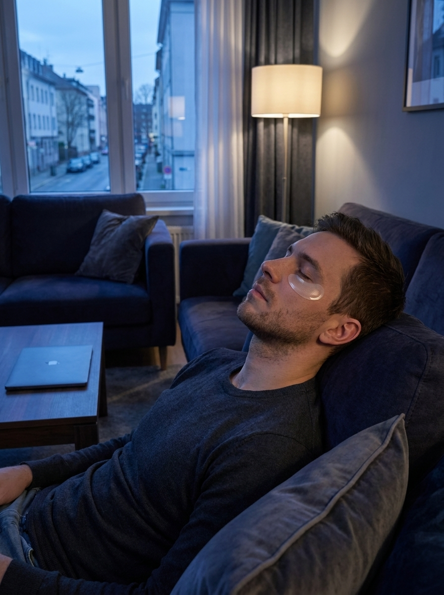 Man unwinding after screen time with Duskala cooling eye patches