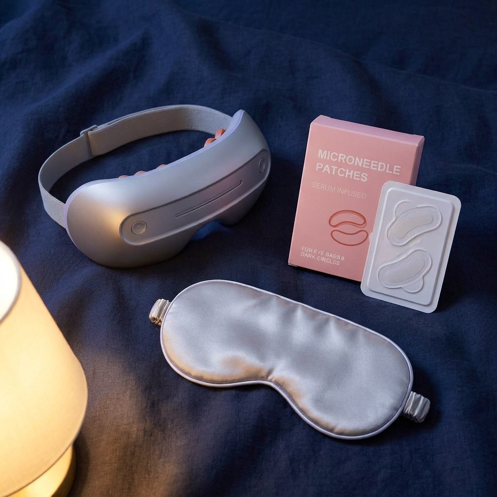 The Gift Set — Duskala massager, microneedle patch box with blister tray, and silver silk sleep mask on indigo linen