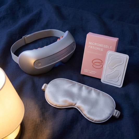 The Gift Set — Duskala massager, microneedle patch box with blister tray, and silver silk sleep mask on indigo linen