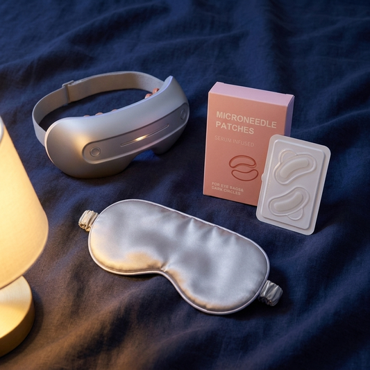 The Ritual — Duskala eye massager with microneedle patch box and blister tray on indigo linen